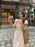 MQTIME  -  Woman Dress Sweet Square Collar Drawstring Square Collar Short Sleeve Summer Fashion Princess Female Elegant Dresses