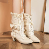 MQTIME  - New British Noble Women Ruffled Boots Retro Knight Boot Medieval Bow Knot White Boot Leather Ankle Boots Cosplay High Heel Shoes