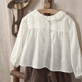 MQTIME  -  Girls' Cotton And Linen Doll Collar Cardigan White Shirt Spring New Bubble Sleeves Loose Cute Girl Long Sleeved Tops