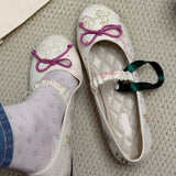 MQTIME  -  Cute Bunny Style Mary Jane Ballet Flats Women Leather Round Toe Low Cut Single Shoes Butterfly Knot Decor Soft Flat Footwear
