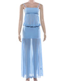 MQTIME  -  Sexy Spaghetti Strap Solid Color Sleeveless Mesh Patchwork Dress Women Slim See-Through Party Beach Holiday Long Dress