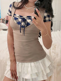 MQTIME  -  American Preppy Argyle Contrast Color Patchwork Square Collar Short Sleeve Top Female