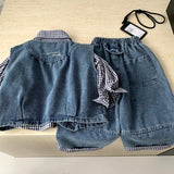  MQTIME  -  Set Spring/summer New Childrens Clothing Korean Style Boys and Girls Fashion Check Shirt Denim Vest Pants Three-piece Set