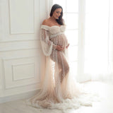 MQTIME  -  Pretty Beige Pearls Maternity Dresses Photoshoot платье для беременных Sheer Pearls Tulle Maternity Dress See Thru فساتين حوامل