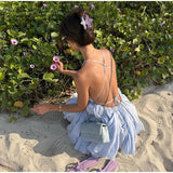 MQTIME  -  Sexy Backless Short Puffy Dress Women Lace Up Halter Sleeveless Pleated Female Beach Dresses 2025 Summer Lady Solid Holiday Robe