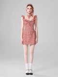 MQTIME  -  Classic Red Plaid Dress For Women's Summer Design, With Small Flying Sleeves And Rose Suspender Mini Skirt