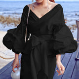 MQTIME  -  Spring Elegant V-Neck Puff Sleeve Office Blouse Women Fashion High Street Office Pullover French Style Solid Lace-up Shirts