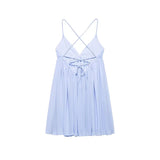 MQTIME  -  Sexy Backless Short Puffy Dress Women Lace Up Halter Sleeveless Pleated Female Beach Dresses 2025 Summer Lady Solid Holiday Robe