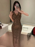 MQTIME  -  Summer Women Sequined Tank Dress New Sexy V Neck Sleeveless Printed Slim Fit Bodycon Evening Party Long Dress Robe