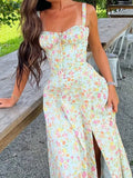 MQTIME  -  New Floral Midi Dress Bohemian Flowy Slit Dress Elegant Fashion Women Going Out A-line Casual Summer Sundress Print Halter Dress