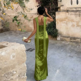 MQTIME  -  Elegant Pleated Satin Birthday Party Maxi Dress with Scarf Ribbon Women Sexy Spaghetti Straps Backless Vacation Long Robe