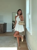  MQTIME  -  Fashion Ruffle Hem Halter Short Women Dress Sleeveless A-line Draped Solid Vestidos Summer Female Vacation Parties Robes