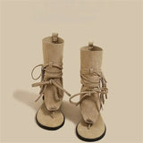  MQTIME  -  Women Bohemian Tassel Mid Calf Boots Retro Suede Clip Toe Sandal Boots Lace Up Fringe Western Cowgirl Summer Hollow Out Boots