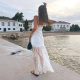 MQTIME  -  Elegant White Off Shoulder Slim Maxi Dress Women Sexy Mesh Patchwork Slim Long Dresses Summer Fashion Street Style Lady Vestidos