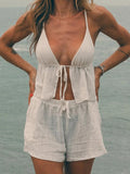 MQTIME  -  Stylish 2-Piece Set Sleeveless Crop Top and High Waist Shorts with Tie Front Detail Perfect for Summer Clubwear