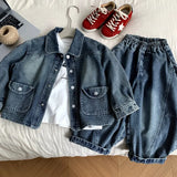  MQTIME  -  Set Spring and Summer New Childrens Clothing Korean Style Boys and Girls Cool Cool White Denim Two-piece Set Simple