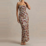 MQTIME  -  Flower Sequin Suspender Summer Long Dress Sexy Off Shoulder High Waist Slim Party Dress Elegant Women's Backless Wrap Hip Dress