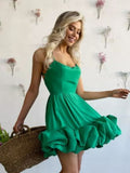 Mqtime Sexy Spaghetti Straps Ruffle Mini Dress Women Green Sleeveless Backless Large Swing A-line Mini Dress Streetwear Evening Party