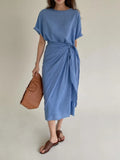 MQTIME  -  Elegant Blue Dresses Vintage O-neck Lace Up Casual Long Dress for Women Summer Korean Fashion Loose Short Sleeve Dresses