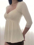  MQTIME  -  Summer Temperament Solid V Neck Half Sleeve Lace Patchwork Folds Casual Women's T-shirts