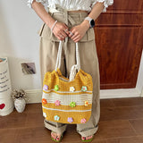 MQTIME  -  Women Striped Hollow Crochet Tote Bag 3D Colorful Handmade Flower Decor  Drawstring Large Capacity Summer Beach Shopping Handbag
