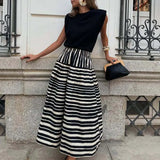 MQTIME  -  Spring Fall Casual Big Swing Party Skirt Fashion Striped Printed Half Skirt For Women Elegant Hight Waist Draped Bohe Long Skirt
