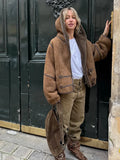MQTIME  -  Brown Faux Shearling Trimmed Horn Button Short Jacket Women Patchwork Full Sleeve Oversize Coat Winter Cozy Stylish Outerwear