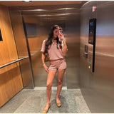 MQTIME  -  Casual Stripe Women's Shorts Suit V-neck Short Sleeve Tees High Waist Wide Leg Short Pant Female Set Summer Lady Beach Outfits