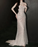 MQTIME  -  Champagne Sequin Evening Dress Off Shoulder Floor Length Temperament Tassels Luxury Fishtail Formal Mermaid Wedding Prom Gown