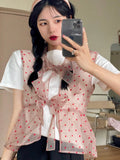 MQTIME  -  Polka Dot Gauze Tops Lace Bow Design Waistcoat White Short-sleeved T-shirt Fold Wear Tees Summer Sweet Fashion Camisas