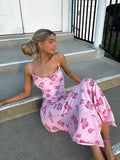MQTIME  -  Women Cowl Neck Ruched Maxi Dress Spaghetti Strap Pink Rose Print Mesh Bodycon Vestidos Elegant Summer Party Night Out Dresses