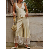 MQTIME  -  Womens 2Pieces Lace Patchwork Satin Outfits Set Y2k Going Out Sleeveless Tied Open Back Camis+ Long Pants Loungewear