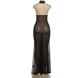 MQTIME  -  Ruched Patchwork See Through Mesh A-line Maxi Dress Women Sexy Halter Backless Bodycon Night Clubwear Party Long Robe Beachwear