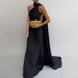 MQTIME  -  Women Ribbon Hanging Neck Long Dresses Solid Color Summer Sleeveless Backless Slim Halter Party Dress Female Elegant Satin Robe