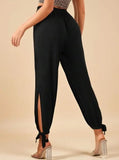 MQTIME  -  Women Trousers Spring Retro Fashion Commuting Black High Waist Drawstring with Split Straps Leg Binding Casual Pants for Women
