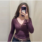  MQTIME  -  Slim Lace Patchwork Women's Top Sexy V-neck Long Sleeve Solid Female Pullovers Autumn Winter New Lady All-match T-shirts