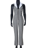  MQTIME  -  Zipper Plaid Loose Jumpsuits Women Fashion Turn-down Collar Halter Backless One Piece Jumpsuit Casual Straight Rompers