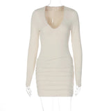 MQTIME  -  Women Solid Basic Ruched Bodycon Mini Dress Sexy V Neck Long Sleeve Peach Hips Slim Party Clubwear Autumn Casual Streetwear