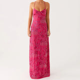 MQTIME  -  Women Beading Sequins Flower Embroidery Sleeveless Summer Cross Tied Backless Spaghetti Strap A-line Cami Long Dress
