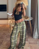 MQTIME  -  Vintage Green Plaid Long Straight Loose Pants For Women Causal High Waist Trousers Autumn New Women Pants Streetwear