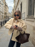 Mqtime Beige Woolen Scarf Collar Cropped OverCoat Women Loose Long Sleeve Cardigan Coat Autumn New Elegant Female Streetwears