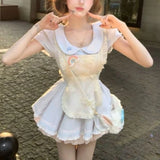 MQTIME  -  Coquette Sweet Kawaii Peter Pan Collar Apron Dress Set Women Lace Bow Ruffle Hem Ruched Waist Slim Fit Mini Dress Casual Outfit
