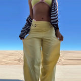 MQTIME  -  Casual Yellow Floral Wide Leg Pants For Women Trend Low Waist Flowy Loose Fit Trousers Spring Summer Vacation Streetwear