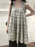  MQTIME  -  Korean Chic Plaid Summer Sweet Sleeveless Edible Tree Fungus All Match Dresses