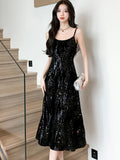 MQTIME  -  Female Velvet Sequins Luxury Sling Long Dress 2024 Korean Elegant Chic Dance Party Dress Autumn Winter Vintage Bodycon Vestidos