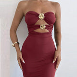 MQTIME  -  Trendy Skinny Metal Buckle Hollow Out Party Gown Sexy Strapless Twist Solid Evening Dress Elegant Lady Sleeveless One-piece Robe