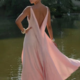 MQTIME  -  Female Summer Party Evening Robes Elegant Split Women's Dresses Solid Square Collar Backless Sleeveless Long Dress Vestidos