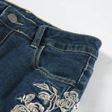 MQTIME  -  Chic Rose Embroidered Gradient Slightly Flared jeans for Women Slim Low Rise Dragging Denim Pants Casual Elegant Fashion Trouser