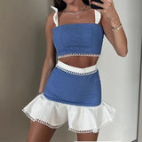 MQTIME  -  Women New Flying Sleeve Cropped Tops&Mini Skirts Set 2025 Summer Contract Color Two Piece Vacation Outfit Female Lace Slim Suit