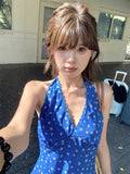MQTIME  -  Pure Cotton Lace Floral Dress Women Summer Beach Blue V Neck Sexy Mini Dress Sleeveless Halter Casual Vacation Fashion Dress